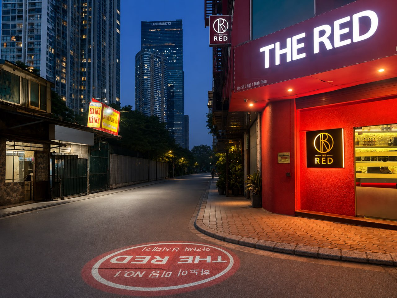 THE RED flagship exterior on a Hanoi night
